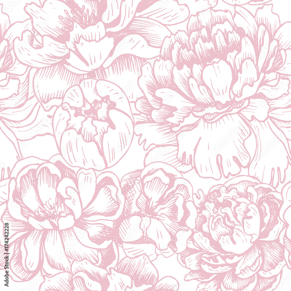 Vector illustration sketch - card with flowers chrysanthemum, peony. Pattern with flowers.