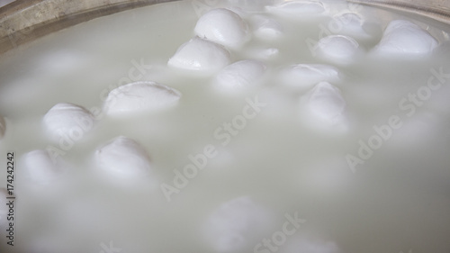 Dettaglio di mozzarelle di bufala a bagno in un recipiente di acqua e latte. I latticini si trovano in una fabbrica per la produzione di prodotti caseari e sono pronti ad essere imbustati e venduti. photo