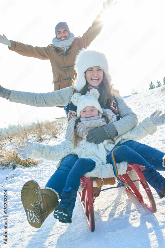 Familie hat Spaß beim Schlitten fahren Stock Photo | Adobe Stock