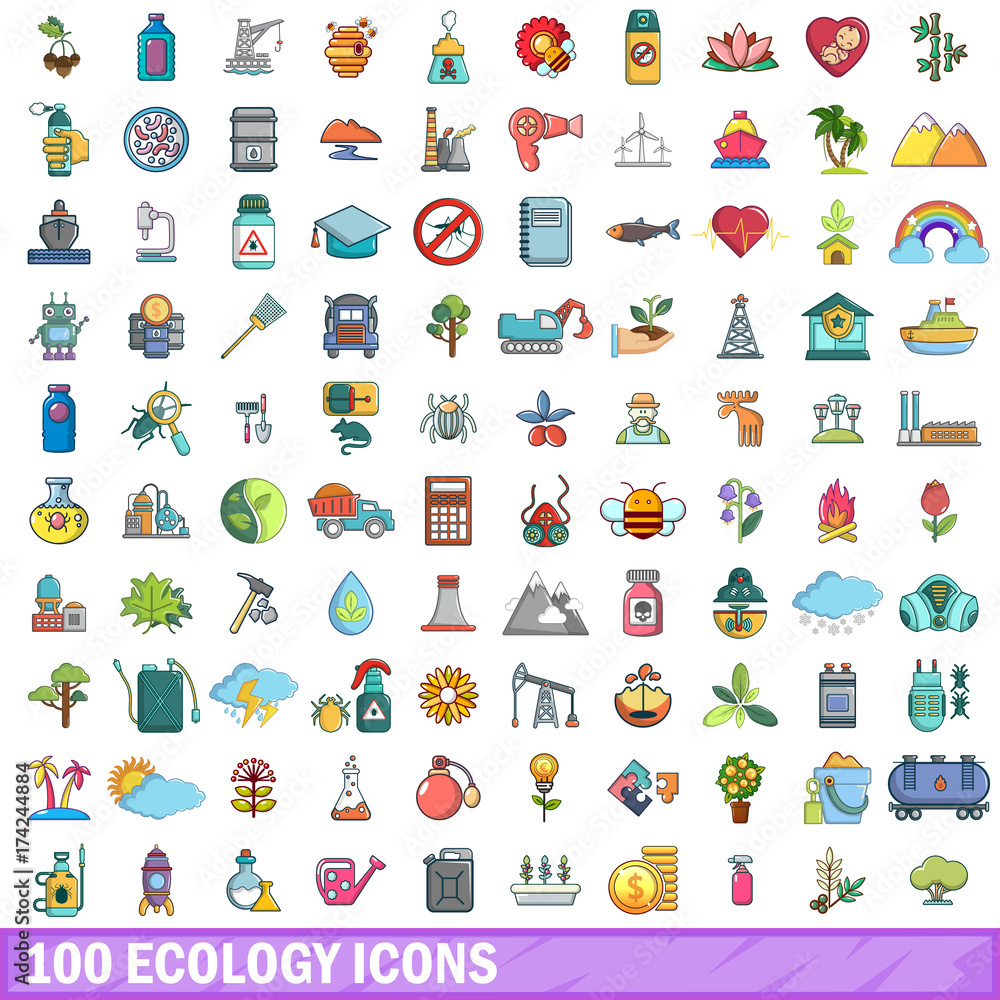 100 ecology icons set, cartoon style 100 ecology icons set, cartoon style