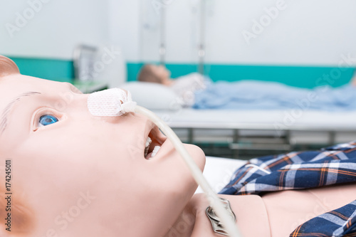 Patient simulation mannequins were wearing feeding tube at nasal. photo