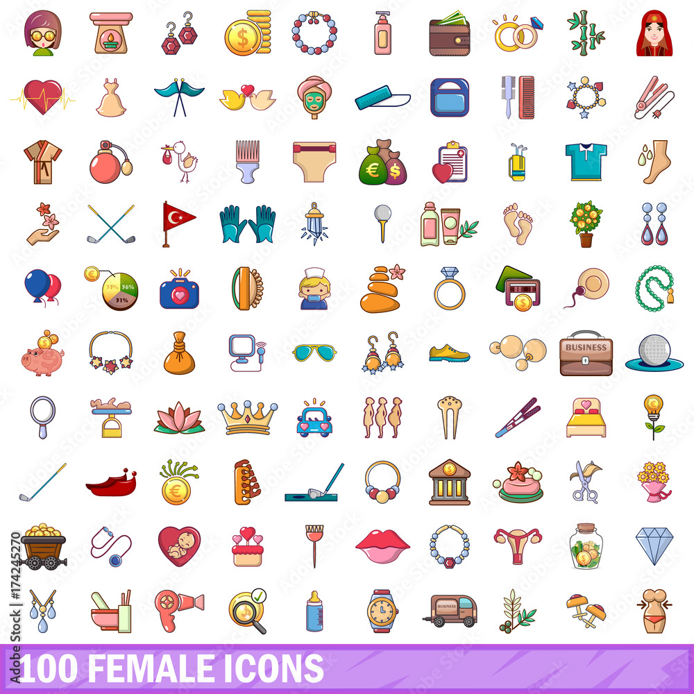 100 female icons set, cartoon style 100 female icons set, cartoon style