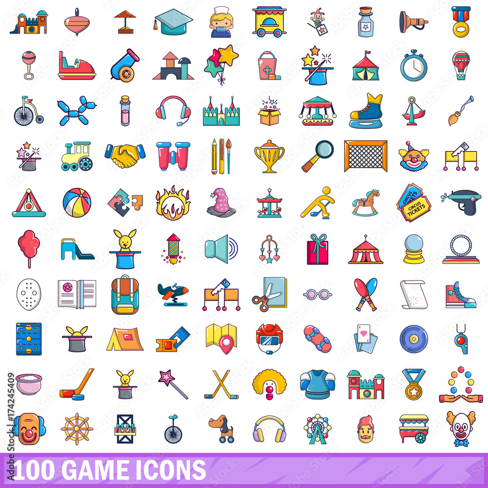 100 game icons set, cartoon style 100 game icons set, cartoon style