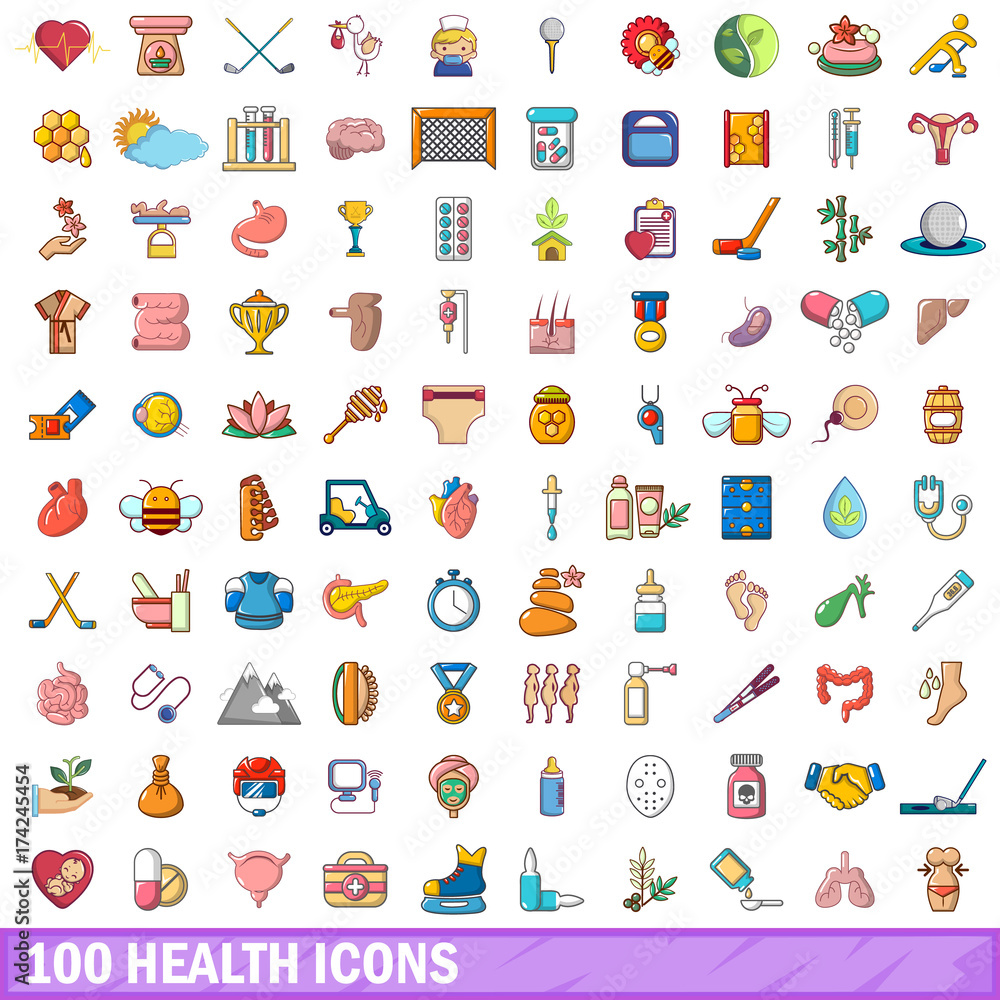 100 health icons set, cartoon style 