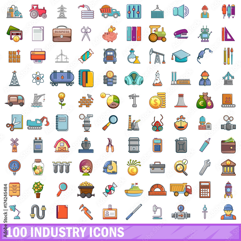 100 industry icons set, cartoon style 