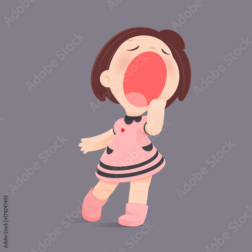 Cartoon Girl Yawning Against Gray Background