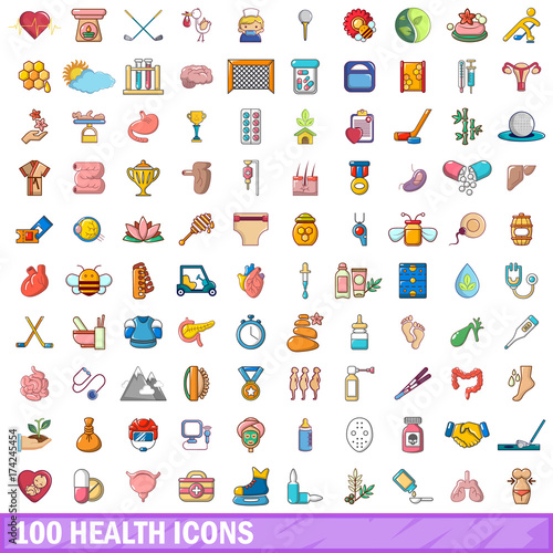 Fototapeta Naklejka Na Ścianę i Meble -  100 health icons set, cartoon style 