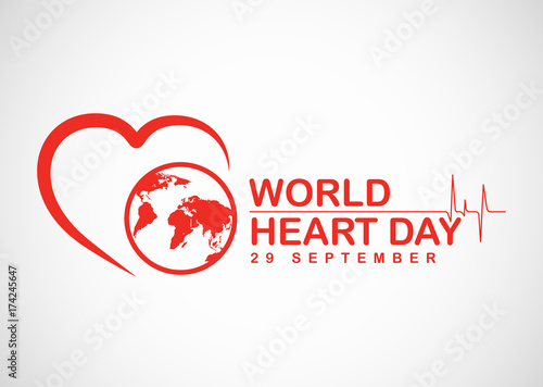 World heart day banner with red heart and world sign vector design