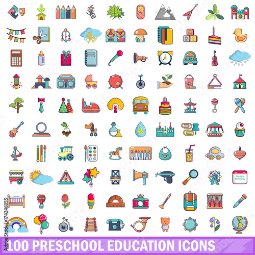 100 preschool education icons set, cartoon style 