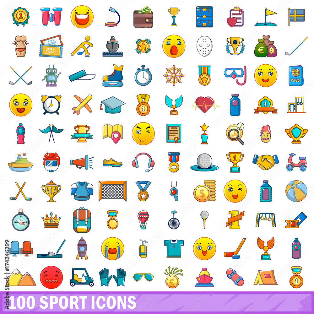 100 sport icons set, cartoon style 100 sport icons set, cartoon style