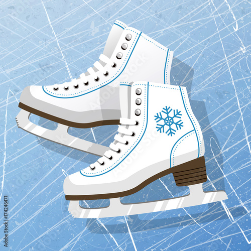 Pair of white Ice skates. Figure skates. Women's ice skates. Texture of ice surface. Vector illustration background.