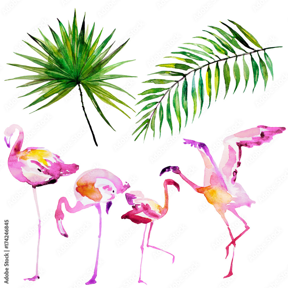 Naklejka premium beautiful tropical palm leaves and flamingo, watercolor