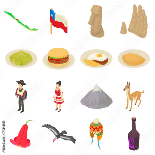 Chile travel icons set, isometric style