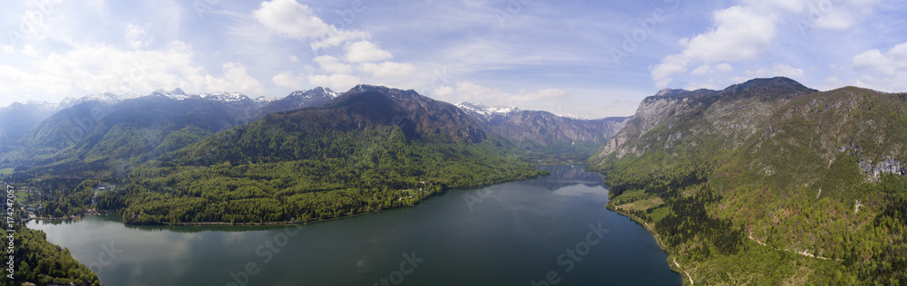Aerial panorama of Bohinjsko jezero lake