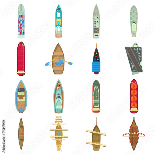 Boat top view above over icons set, cartoon style