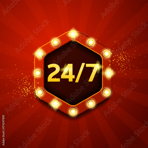 Open 24/7 Hours Retro Symbol. Retro Banner with Glowing Lamps. Vector illustration in vintage style.