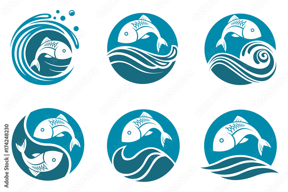 collection of fish icon with waves collection of fish icon with waves