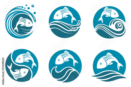 collection of fish icon with waves