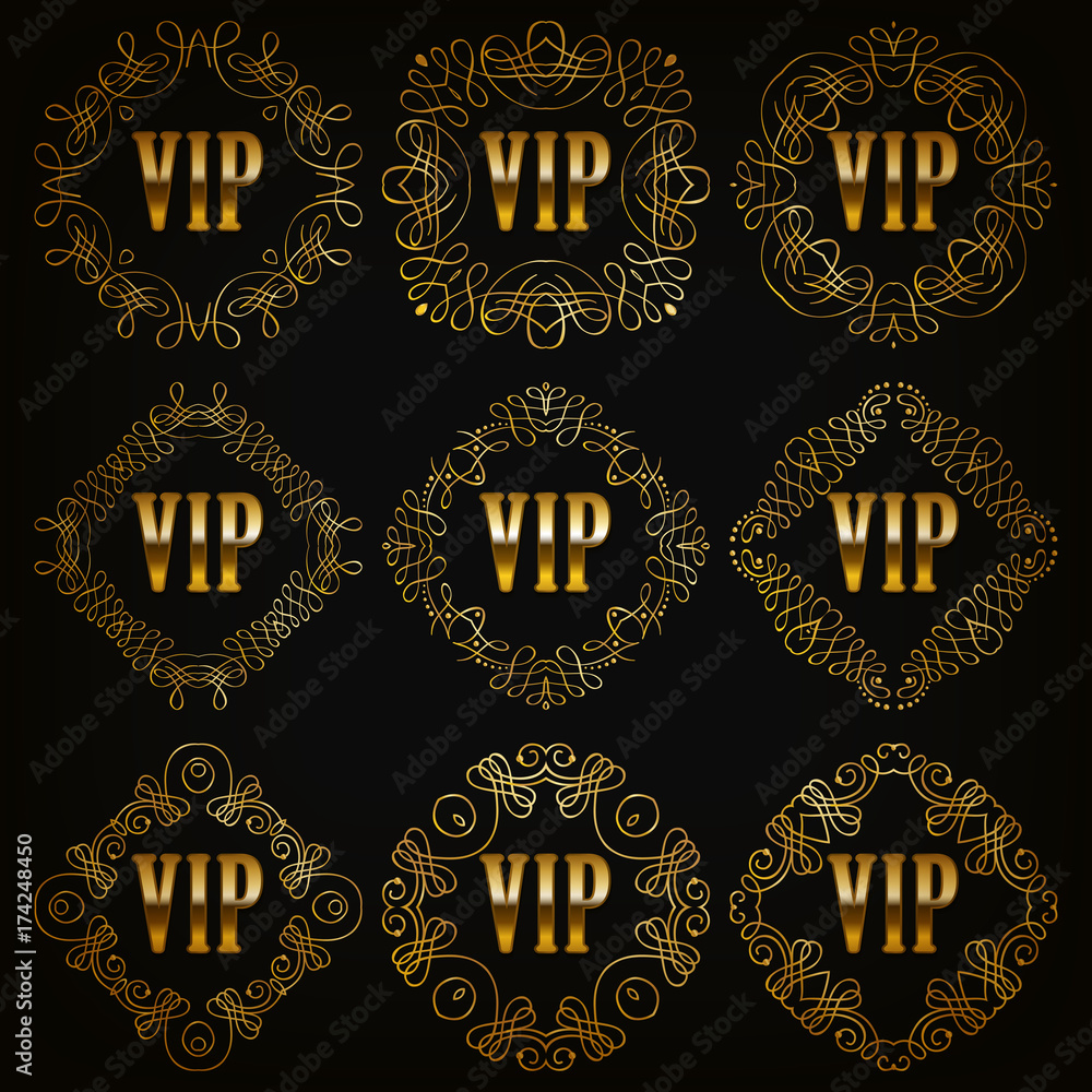 Set of gold linear vip monograms for graphic design on black background. Elegant graceful frame, filigree border in vintage style for wedding invitations, card, logo, icon. Vector illustration EPS 10.