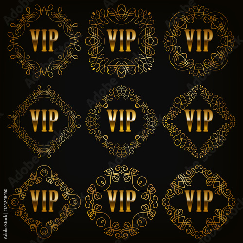 Set of gold linear vip monograms for graphic design on black background. Elegant graceful frame  filigree border in vintage style for wedding invitations  card  logo  icon. Vector illustration EPS 10.