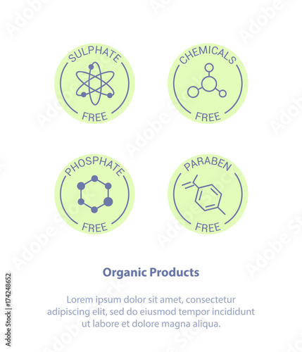 Logo Set Badge Ingredient Warning Label Icons. Paraben, Sulfate, Phosphate, Chemicals Free Product Stickers. Flat Line Design
