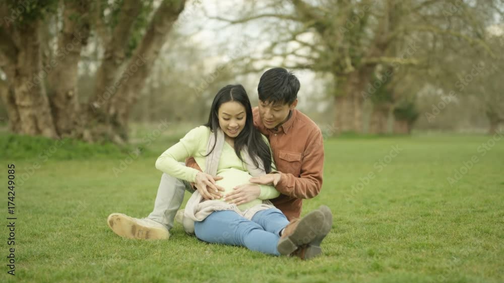 Portrait smiling Asian couple expecting a baby relaxing in the park Portrait smiling Asian couple expecting a baby relaxing in the park
