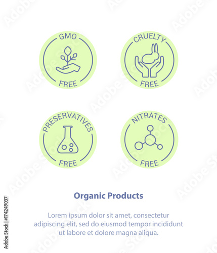 Logo Set Badge Ingredient Warning Label Icons. GMO, Cruelty, Preservatives, Nitrates Free Product Stickers. Flat Line Icon Design photo