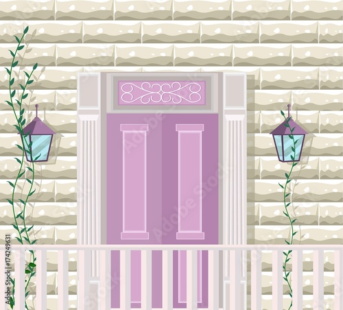Pink door entrance facade Vector
