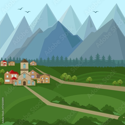 Downtown houses and Mountains view. Vector background