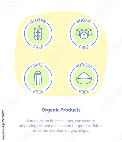 Healthy Products. Gluten Free, Sugar Free, Salt and Sodium Free. Healthy food badges, tags set for cafe, restaurants, products packaging.