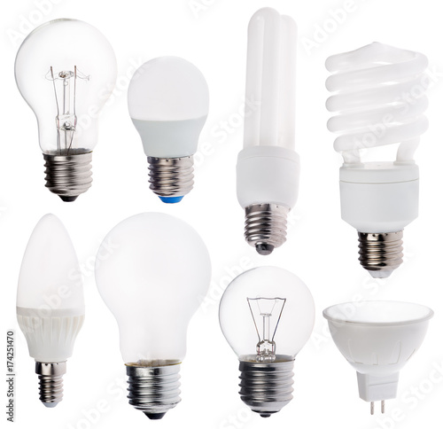 eight different electric lamps isolated on white