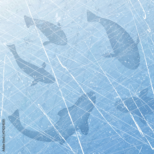 Winter fishing. Ice-fishing. Winter background with fish. Fish set. Texture of ice surface. Overhead view. Vector illustration abstract background.