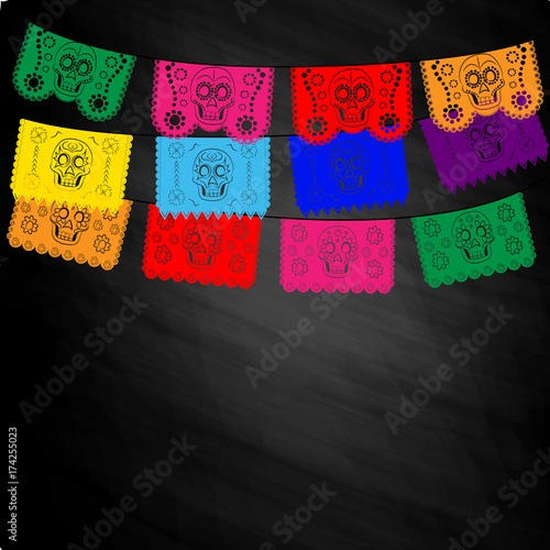 Day Of The Death Cut Out Paper Composition on black chalkboard for backgrounds