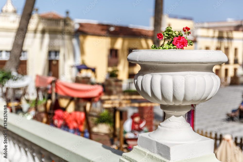 Ornamental flowerpot next to an outdoor manger