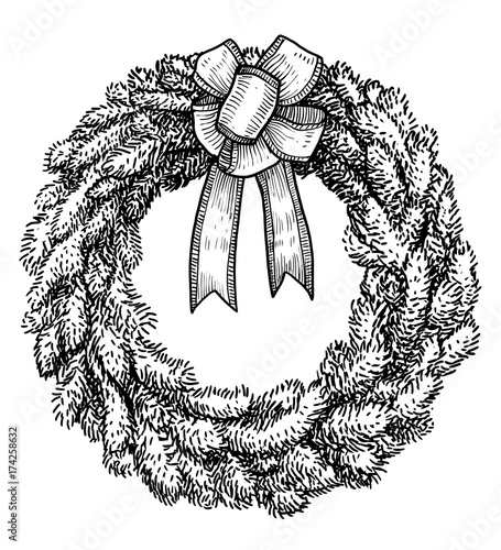 Christmas wreath illustration, drawing, engraving, ink, line art, vector