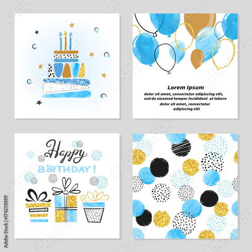 Happy Birthday cards set in blue and golden colors. Celebration vector illustrations with birthday cake, balloons and gifts.