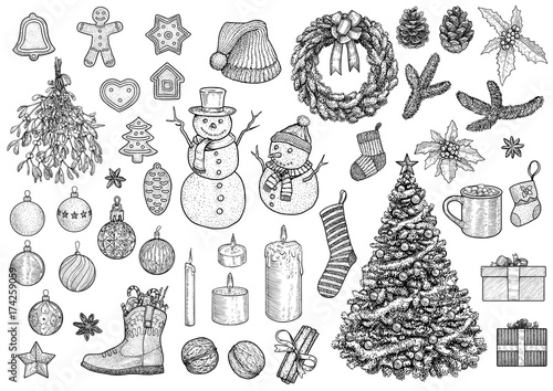 Christmas collection, illustration, drawing, engraving, ink, line art, vector