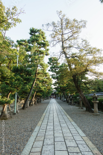 A long stone paving way of Gokonomiya shrine in Kyoto, Japan