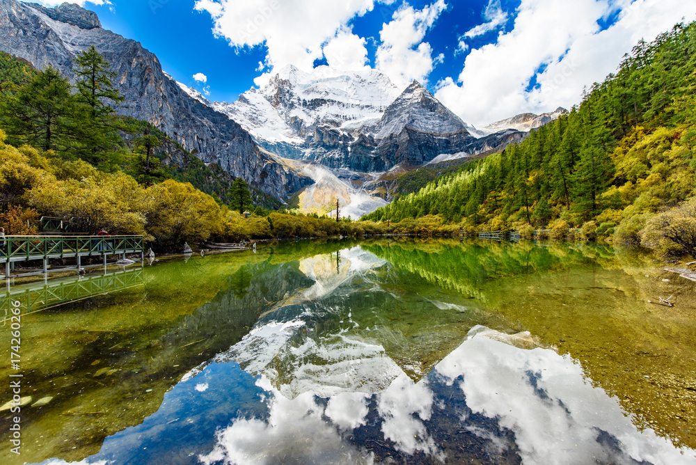 Mount  Chenrezig(Xiannairi) with the reflection in the Pearl Lake in Yading,Daocheng,China.
