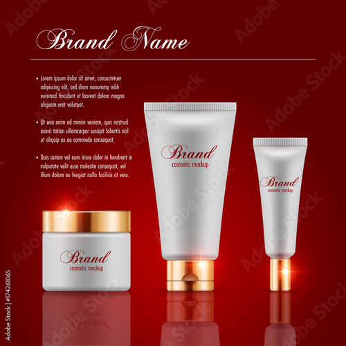 Set of cosmetic products on red background. Packaging template. Vector illustration