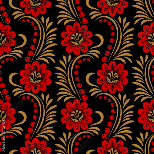 Floral seamless pattern in traditional russian style. Khokhloma painting. Vector Illustration