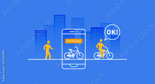 Bike renting app vector illustration. App to rent public bicycle line art graphic design. Phone application for renting bicycle creative concept.
