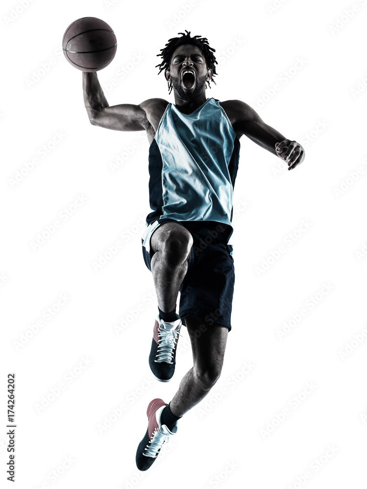 Fototapeta premium one afro-american african basketball player man isolated in silhouette shadow on white background