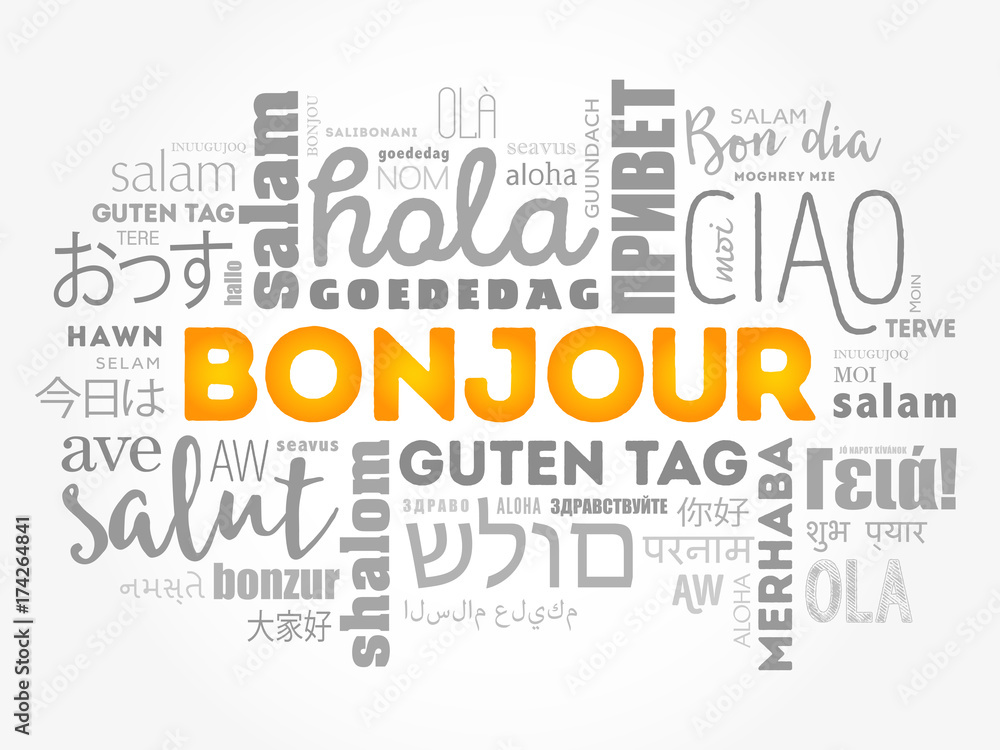 Bonjour (Hello Greeting in French) word cloud in different languages of the world, background concept