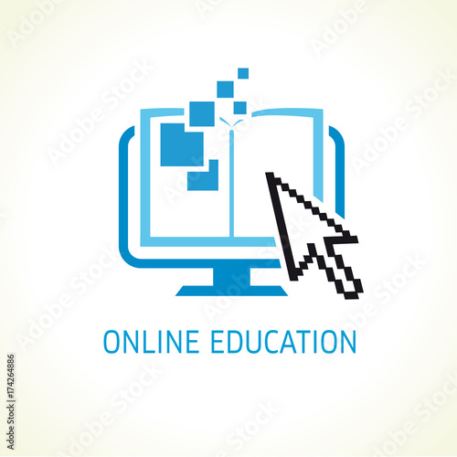 Online education digital school book cursor logo. Digital open book with pages in monitor and pixel data. E-book or e-reader soft icon. On-line education blue vector sign