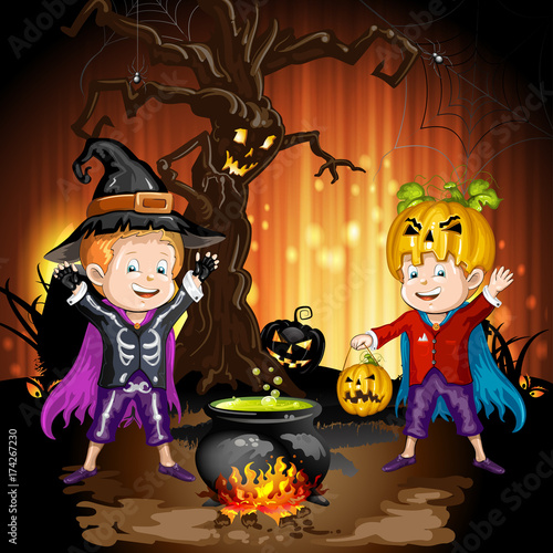 Boys in Halloween costume around the potion boiler