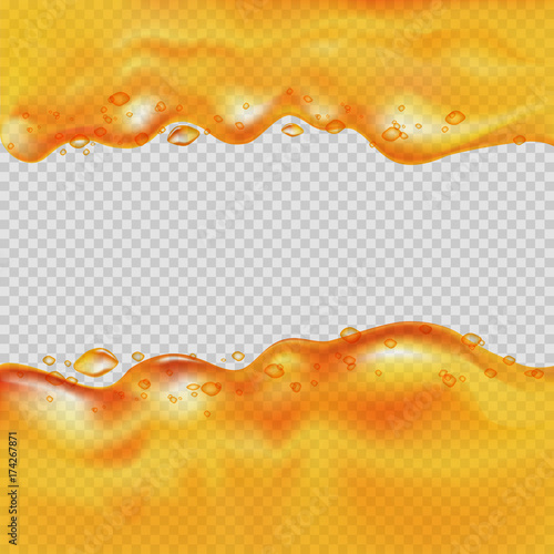 Juice frame. Transparent orange liquid background with drops. Water, honey, oil, juice, beer, shampoo. Vector illustration.