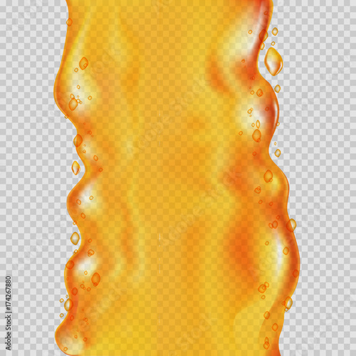 Transparent orange liquid splash. Juice background. Water, honey, oil, juice, beer, shampoo. Vector illustration.