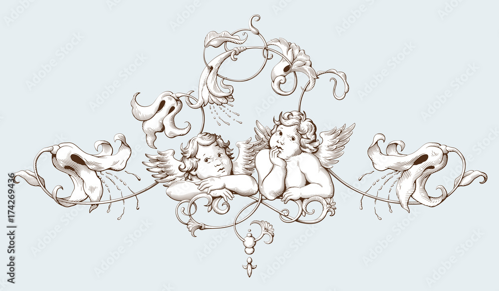 Vintage decorative element engraving with Baroque ornament pattern and cupids