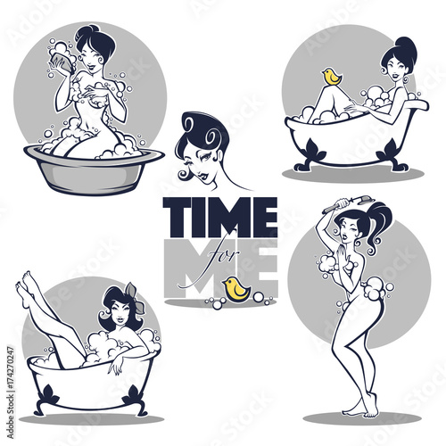 time for me, vector collection of beautiful women taking a bath in bathtub with lettering composition
